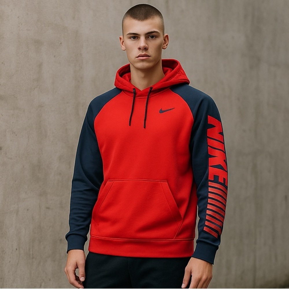 Nike | Mens Sweatshirt Red Dri Fit Fleece Swoosh Spell Out Logo Hooded S